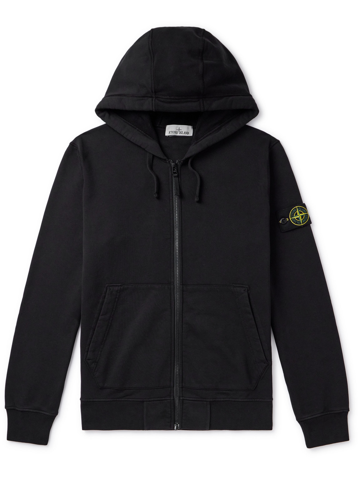 Stone Island Logo-appliquéd Garment-dyed Cotton-jersey Zip-up Hoodie In Black