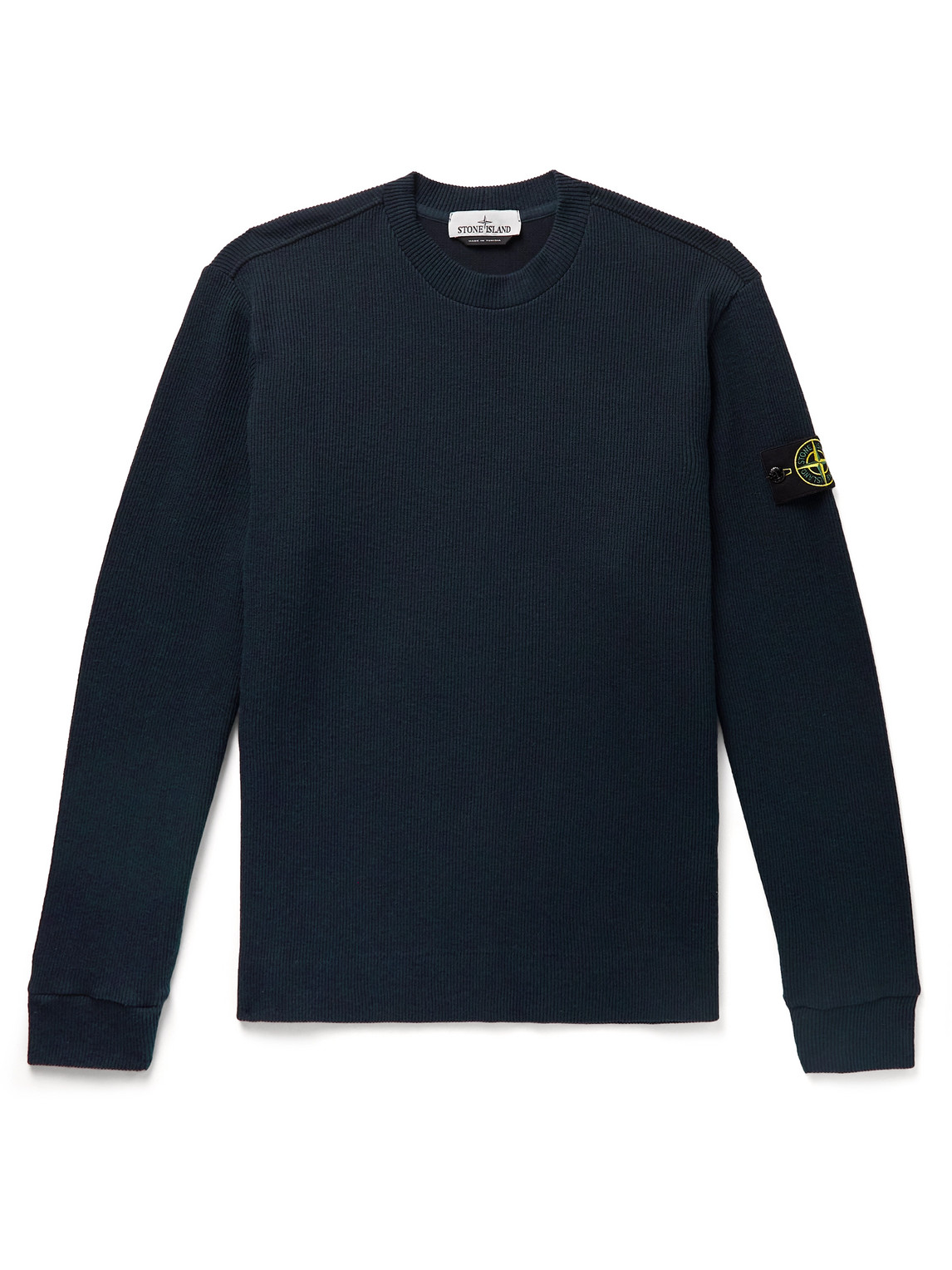 Stone Island Logo-appliquéd Ribbed Cotton-blend Sweater In Blue