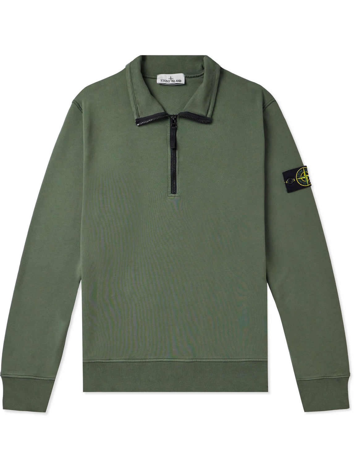 Shop Stone Island Logo-appliquéd Garment-dyed Cotton-jersey Half-zip Sweatshirt In Green
