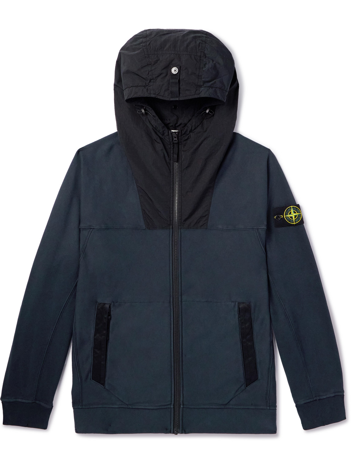 Stone Island Shell-trimmed Cotton-jersey Zip-up Hoodie In Blue