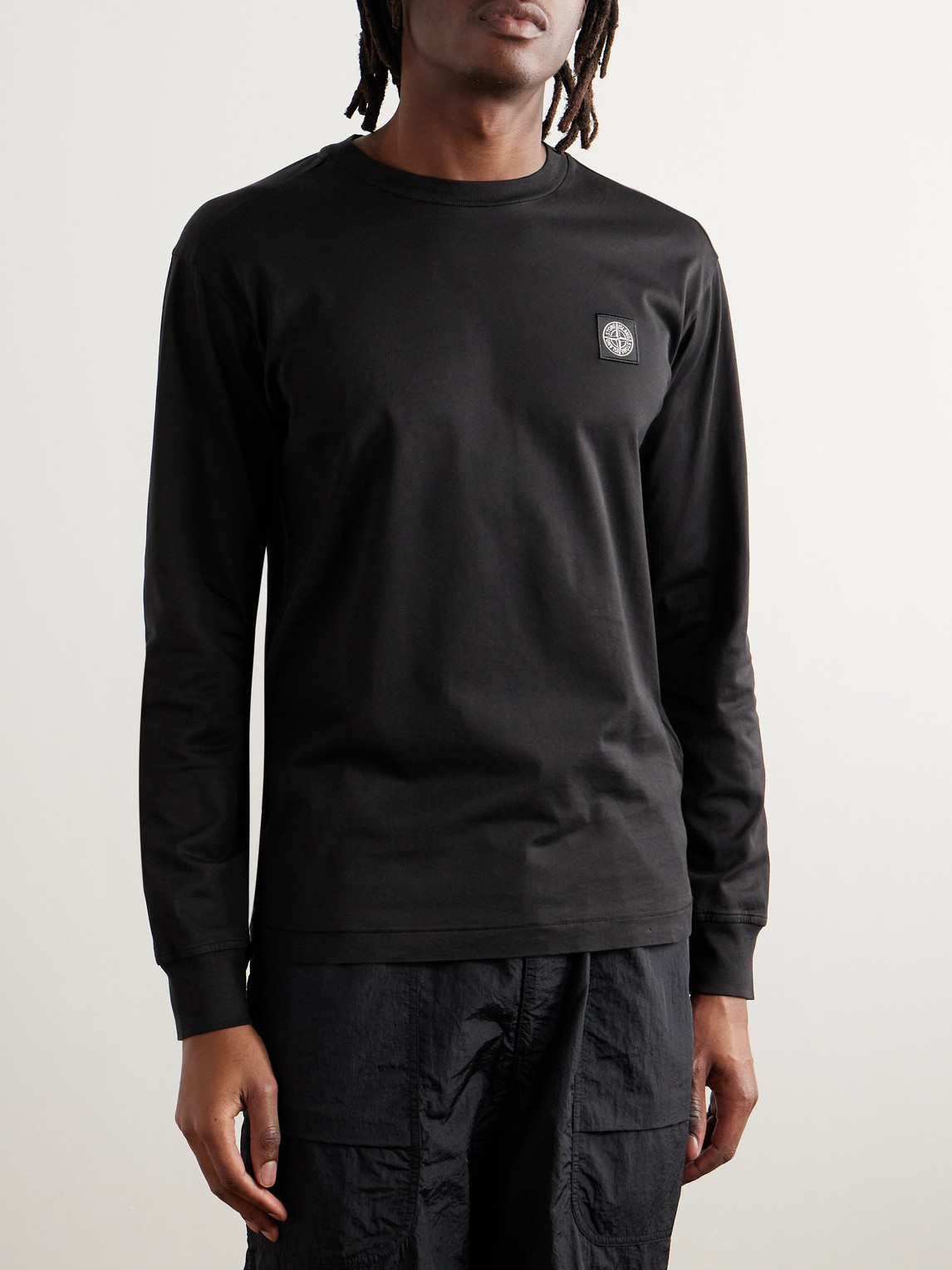 Stone Island Garment Dyed Logo Longsleeve T-shirt In Black