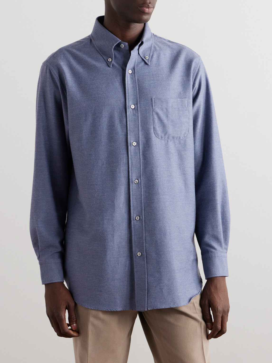 Shop Loro Piana Button-down Collar Cotton And Cashmere-blend Denim Shirt In Blue