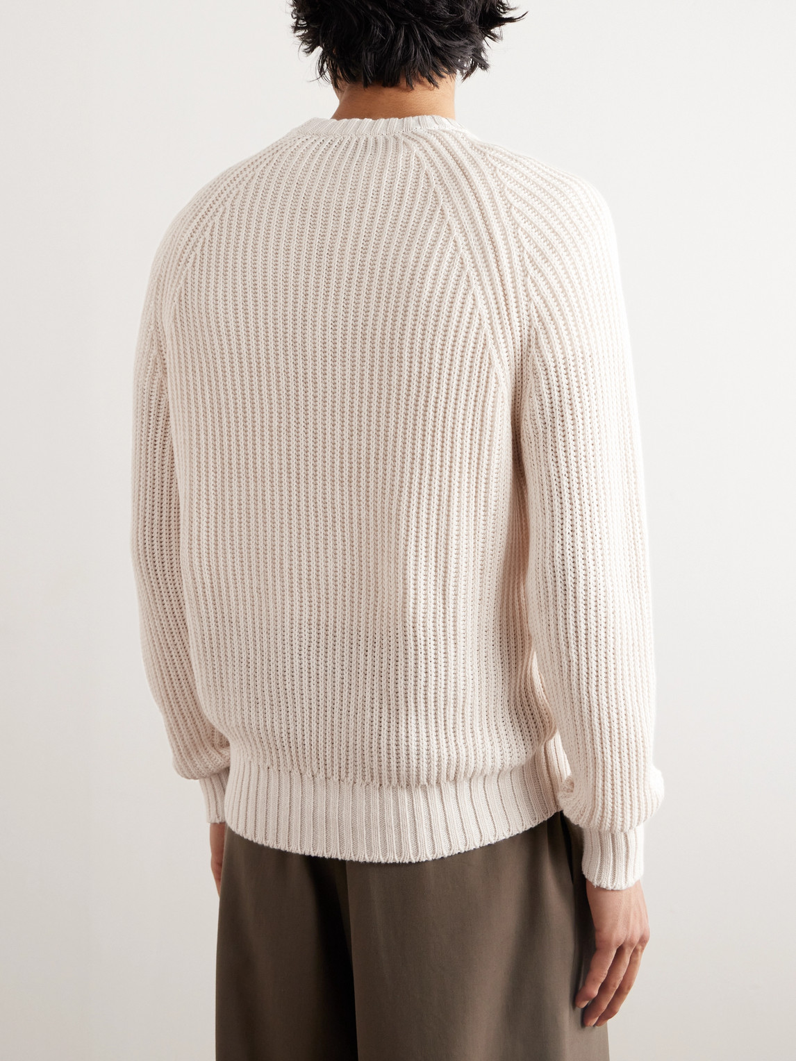 Shop Loro Piana Ribbed Linen, Cotton And Silk-blend Sweater In Neutrals