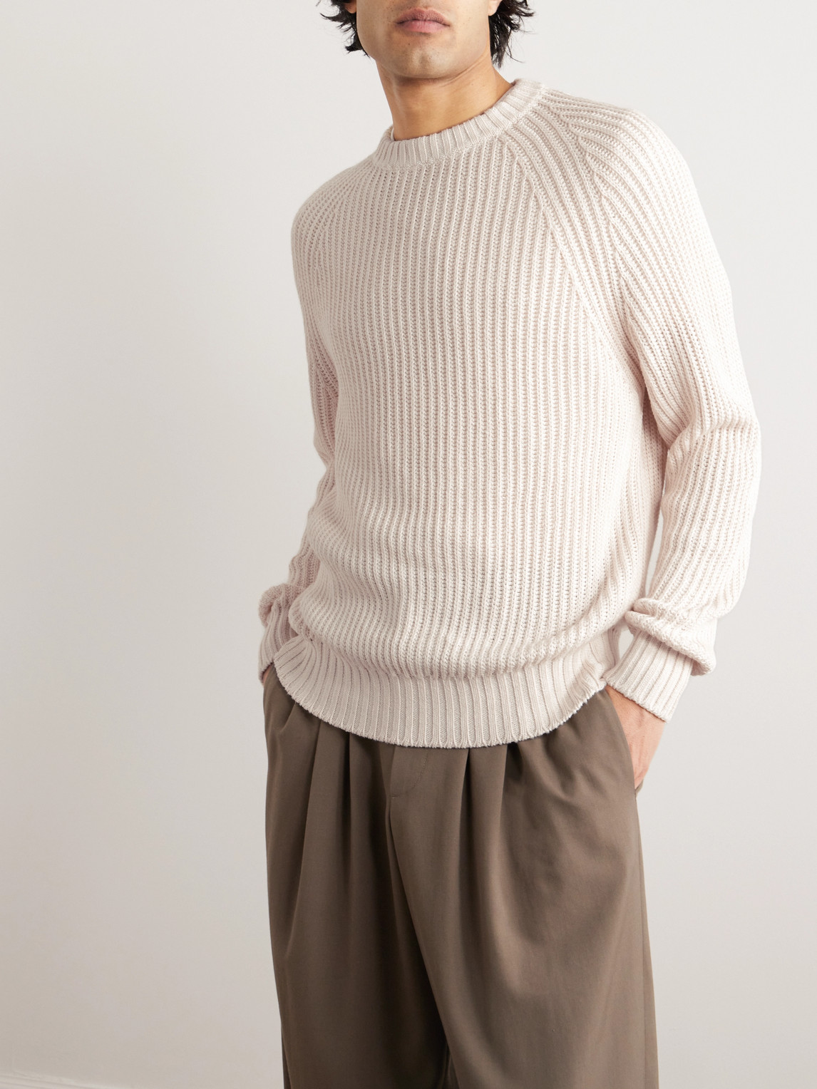 Shop Loro Piana Ribbed Linen, Cotton And Silk-blend Sweater In Neutrals