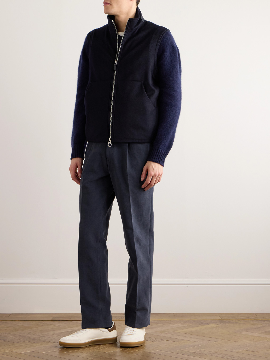 Loro Piana Ume Leather-trimmed Cashmere Zip-up Gilet In Blue