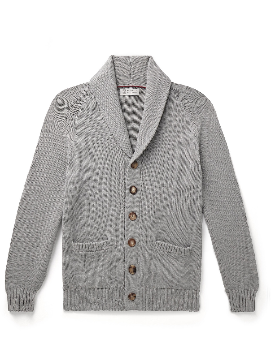 Brunello Cucinelli Shawl-collar Ribbed Cotton Cardigan In Gray