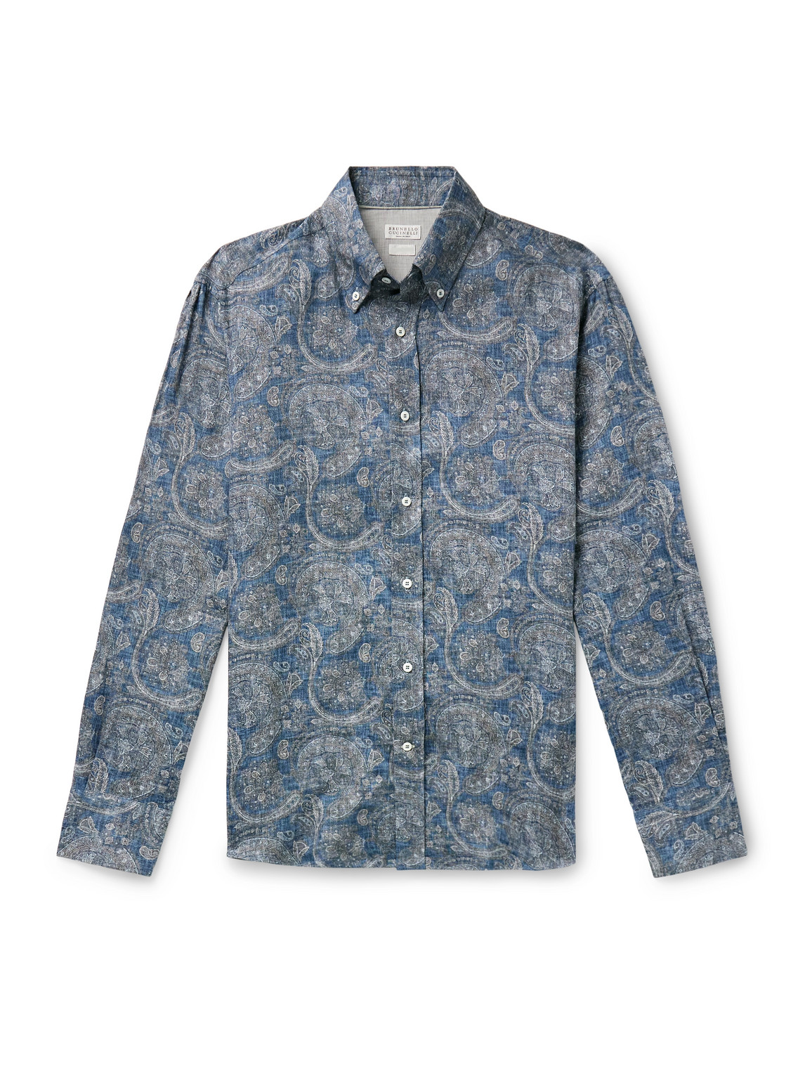 Brunello Cucinelli Button-down Collar Paisley-print Linen-chambray Shirt In Blue
