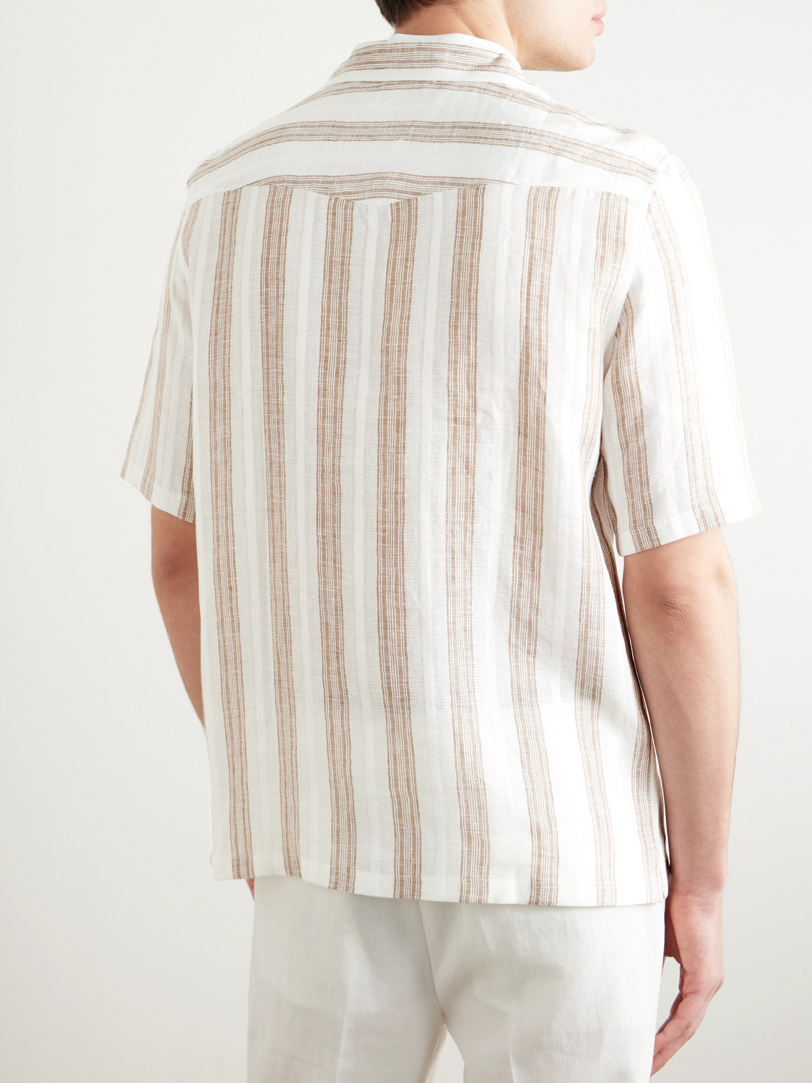 Shop Brunello Cucinelli Camp-collar Embroidered Striped Linen Shirt In White