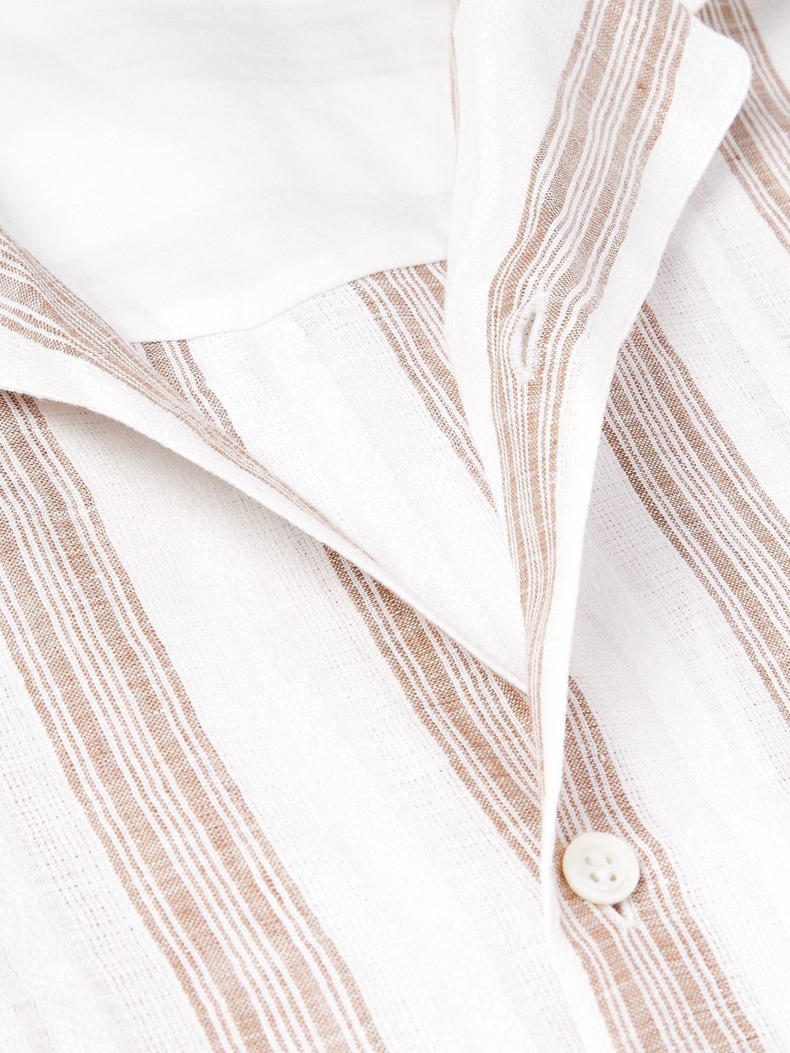 Shop Brunello Cucinelli Camp-collar Embroidered Striped Linen Shirt In White