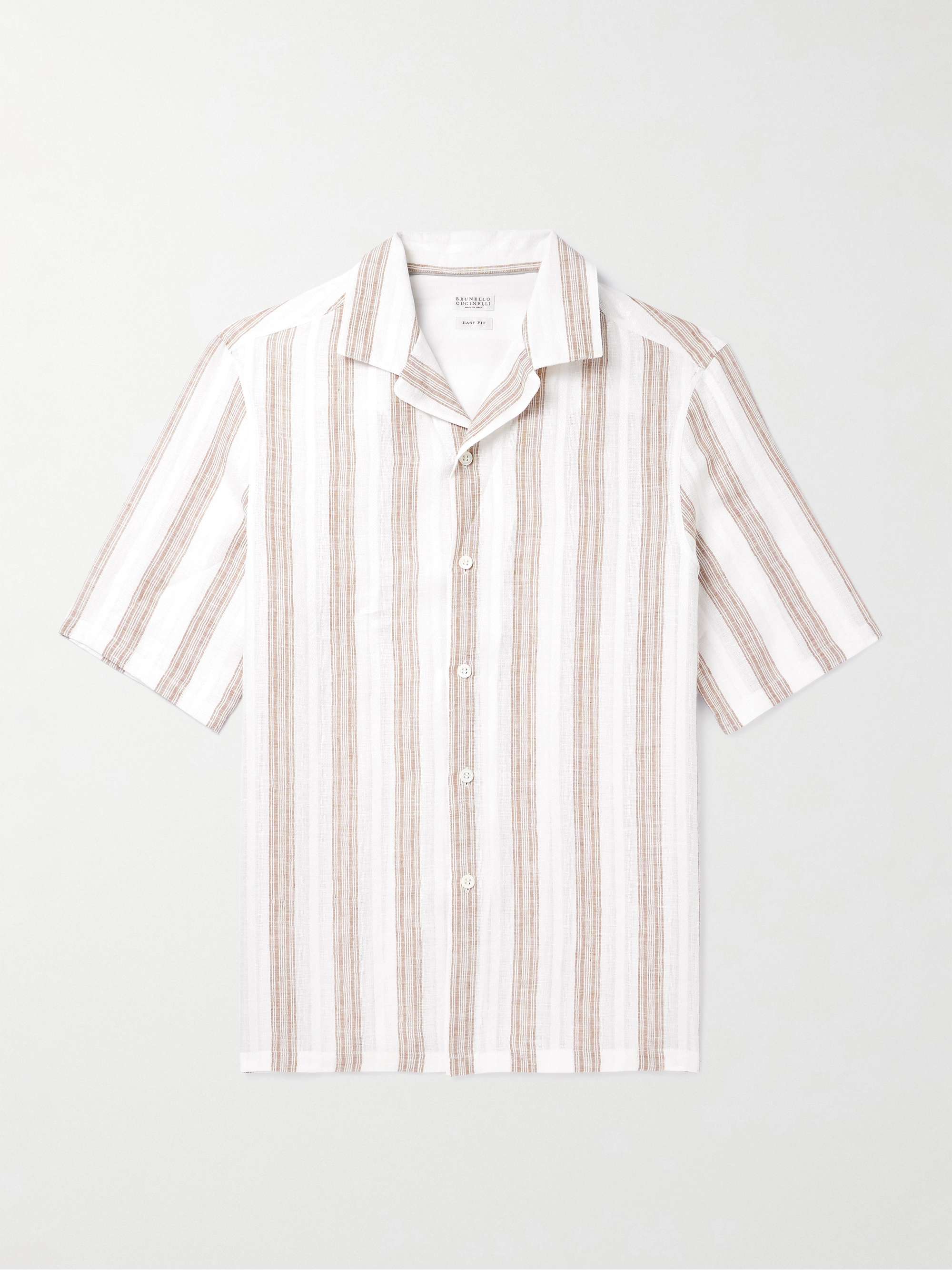 BRUNELLO CUCINELLI Camp-Collar Embroidered Striped Linen Shirt for Men ...