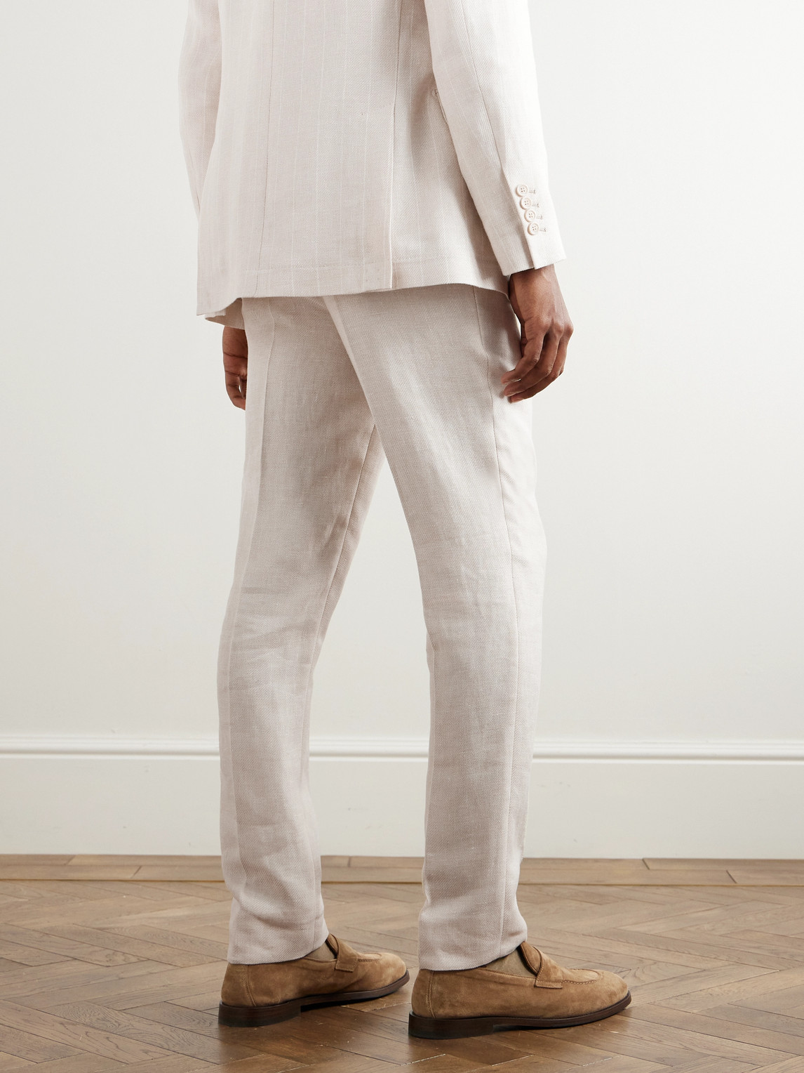 Shop Brunello Cucinelli Slim-fit Tapered Pleated Linen, Wool And Silk-blend Suit Trousers In Neutrals