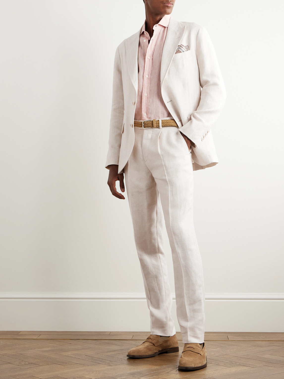 Shop Brunello Cucinelli Slim-fit Tapered Pleated Linen, Wool And Silk-blend Suit Trousers In Neutrals