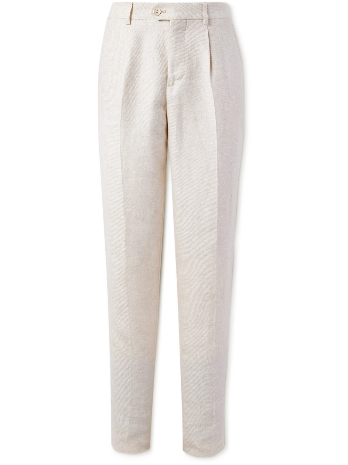 Brunello Cucinelli Slim-fit Tapered Pleated Linen, Wool And Silk-blend Suit Trousers In Neutrals