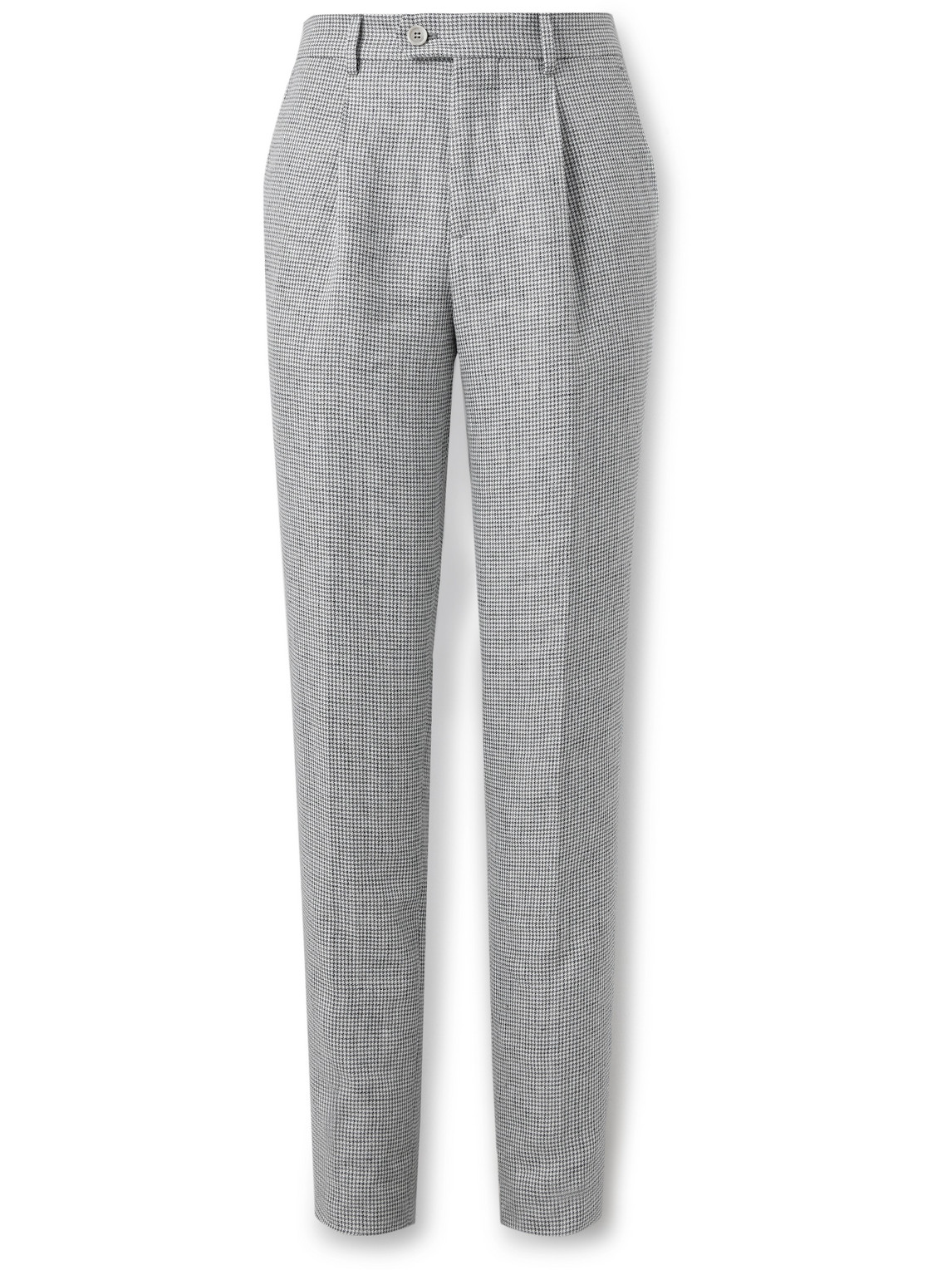 Brunello Cucinelli Straight-leg Pleated Puppytooth Linen Suit Trousers In Gray