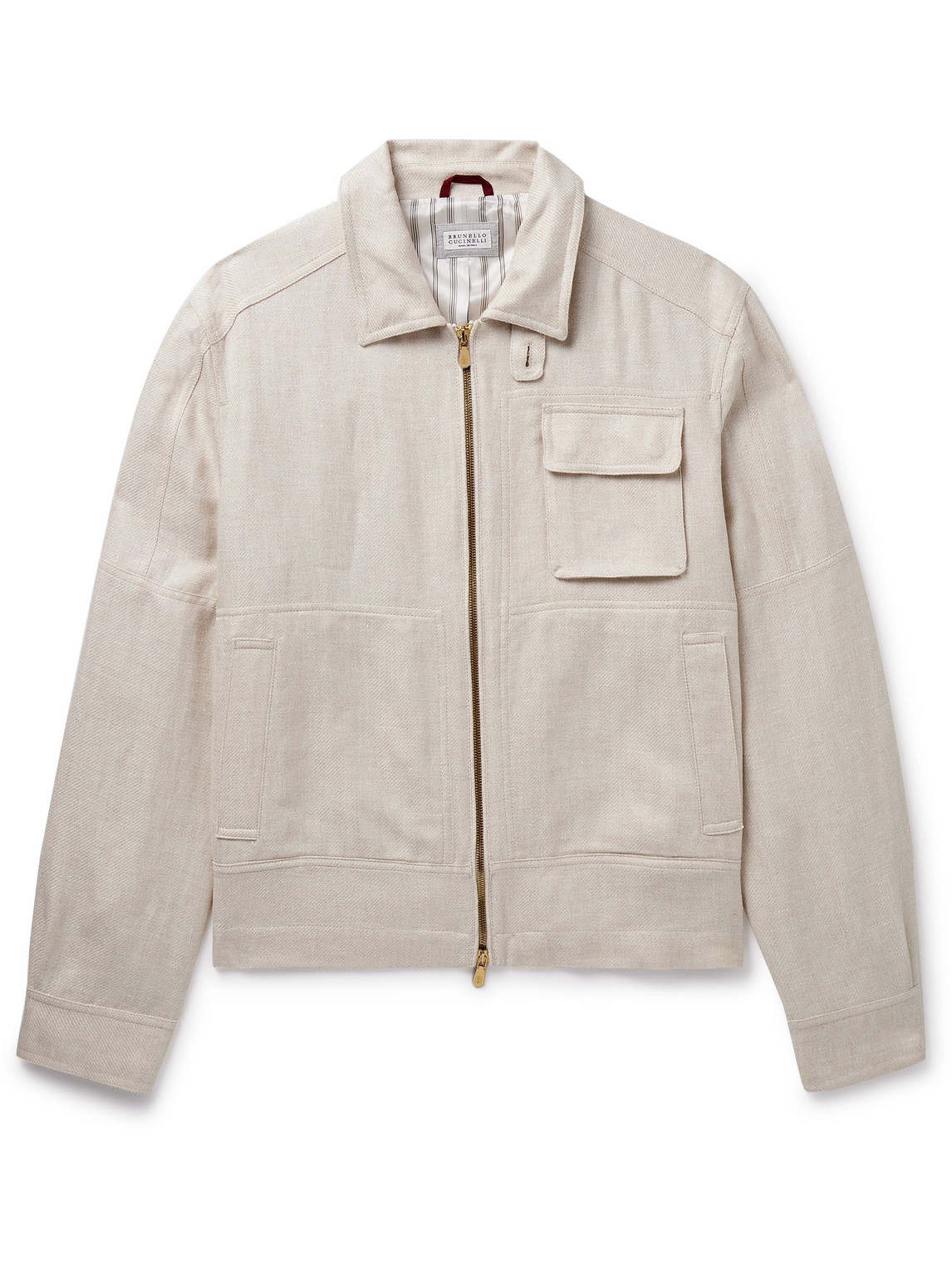 Brunello Cucinelli Linen, Wool And Silk-blend Twill Harrington Jacket In Neutrals