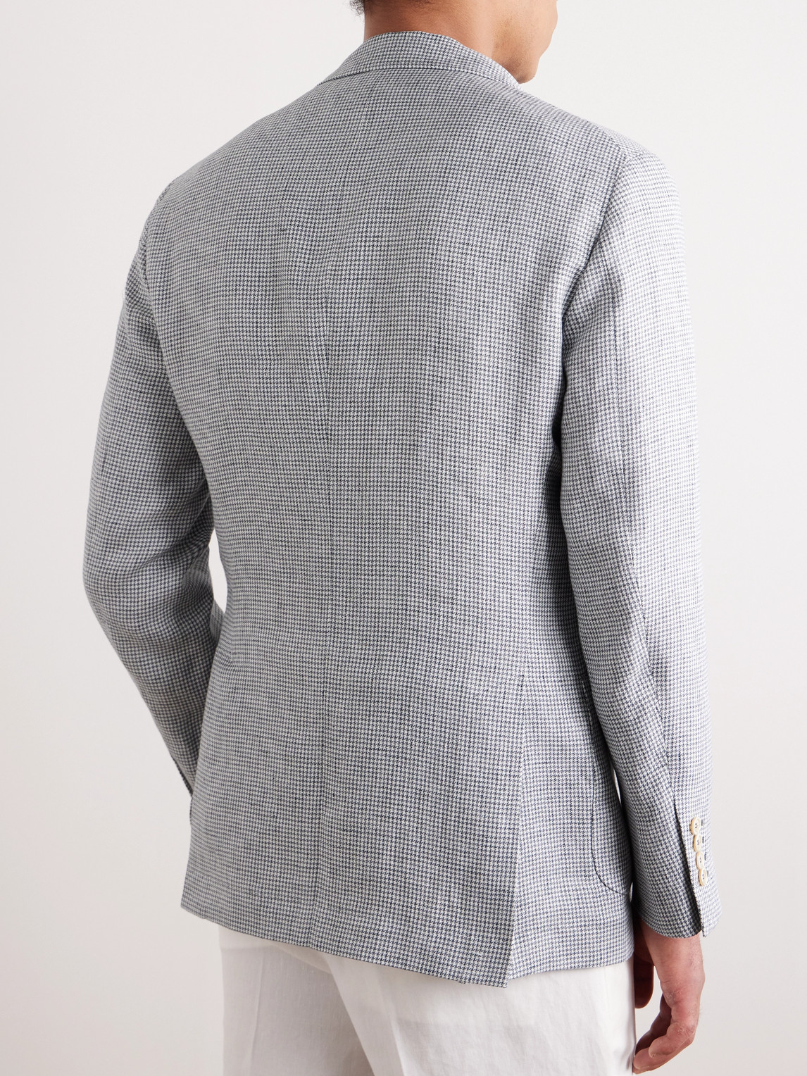 Shop Brunello Cucinelli Double-breasted Puppytooth Linen Suit Jacket In Gray