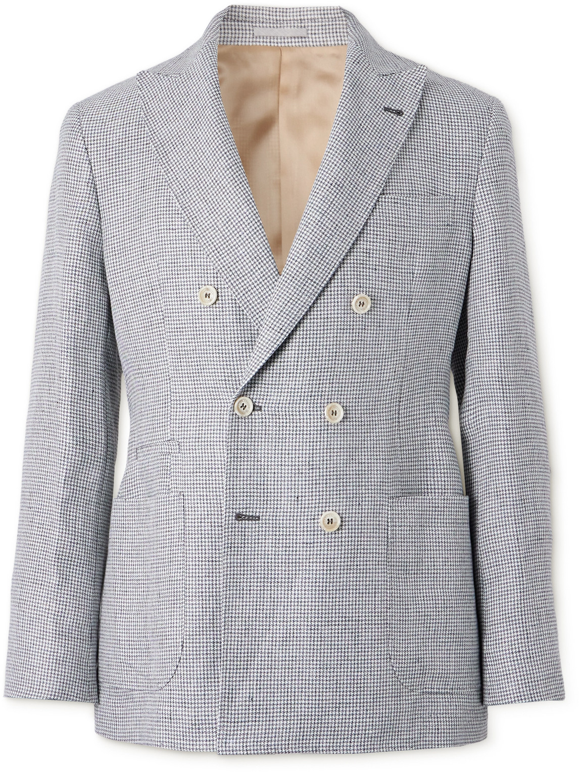 Shop Brunello Cucinelli Double-breasted Puppytooth Linen Suit Jacket In Gray