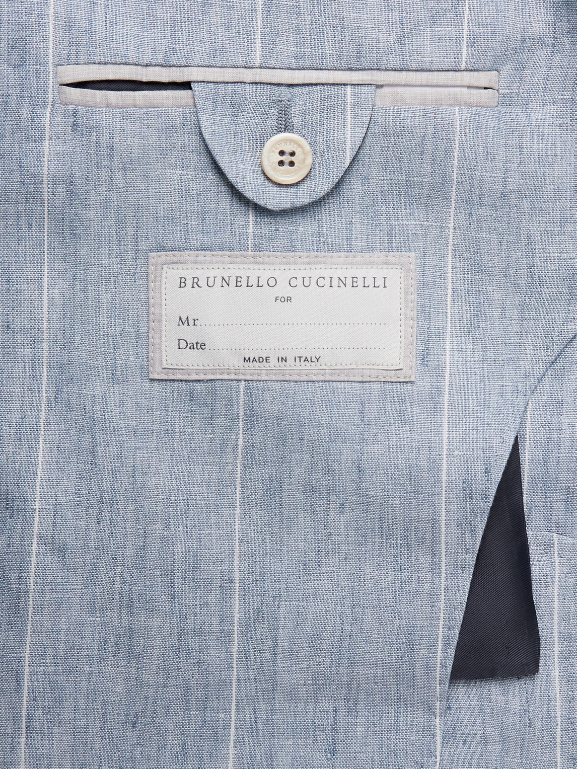 Shop Brunello Cucinelli Double-breasted Striped Linen Suit Jacket In Blue