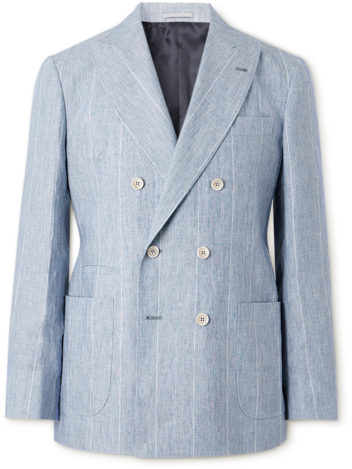Shop Brunello Cucinelli Double-breasted Striped Linen Suit Jacket In Blue