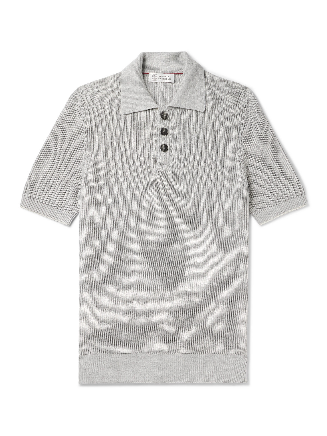 Brunello Cucinelli Ribbed Cotton And Linen-blend Polo Shirt In Gray
