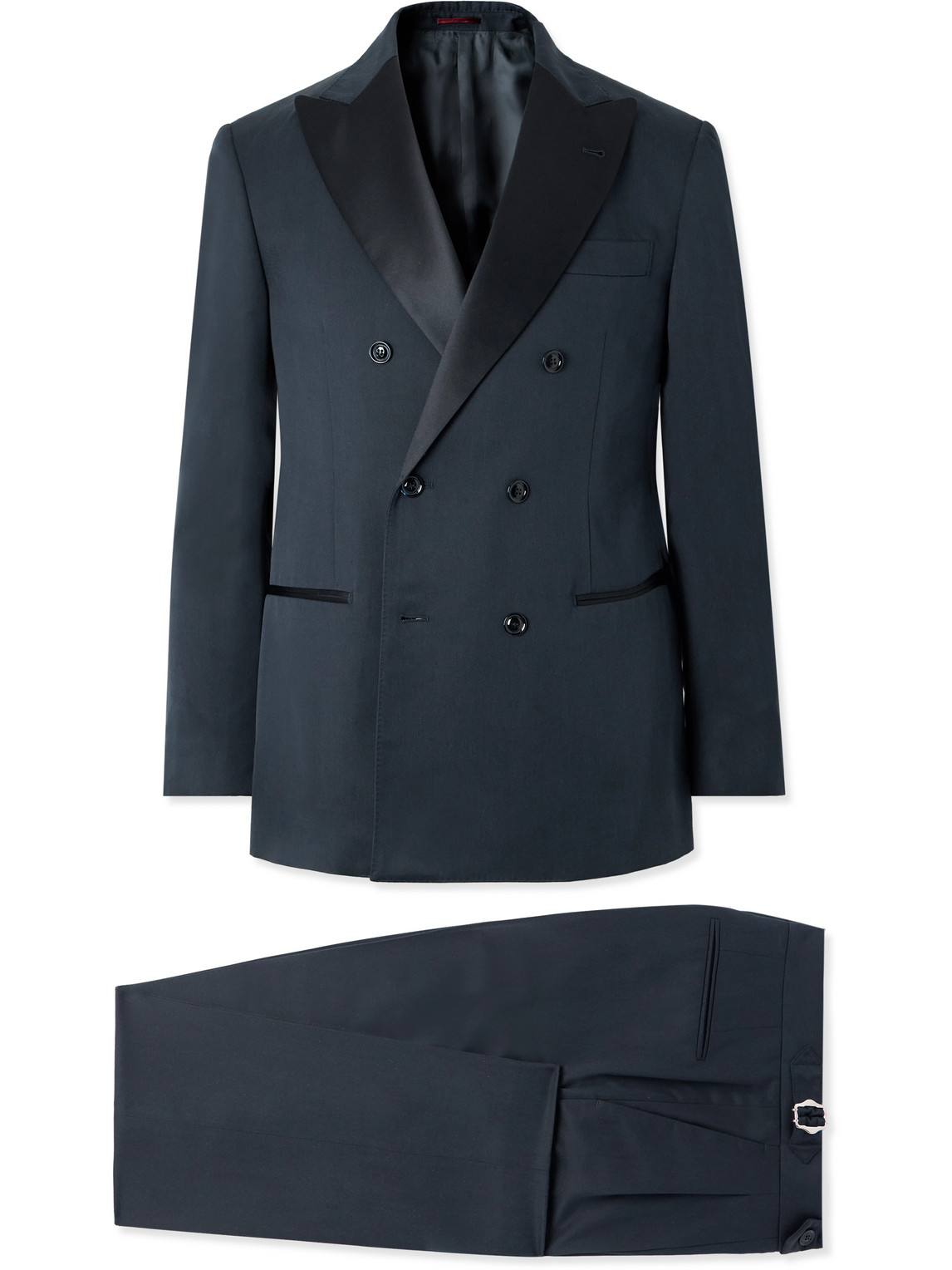 Brunello Cucinelli Slim-fit Double-breasted Silk Satin-trimmed Cotton And Silk-blend Twill Tuxedo In Blue