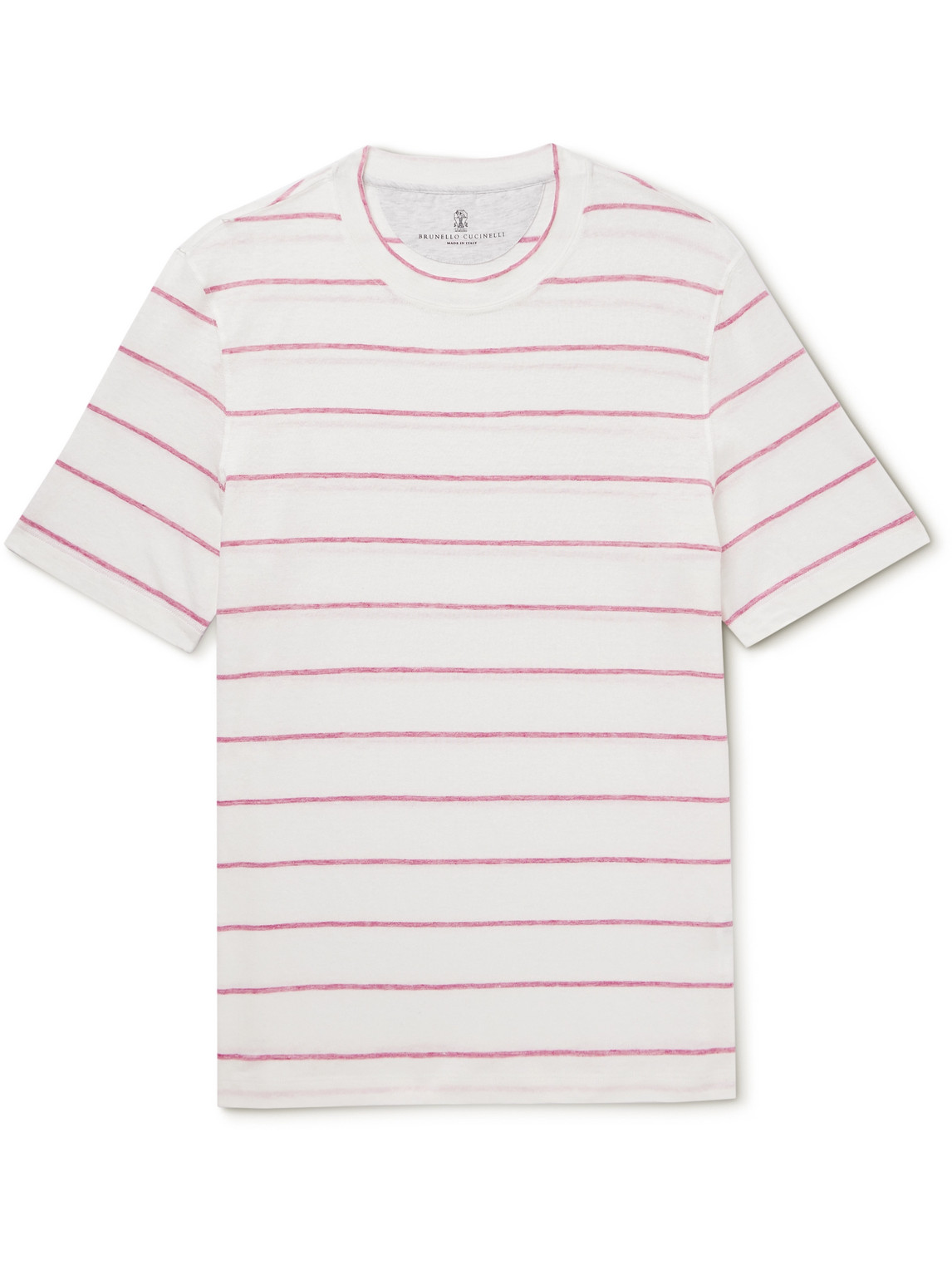 Brunello Cucinelli Striped Linen And Cotton-blend T-shirt In Pink