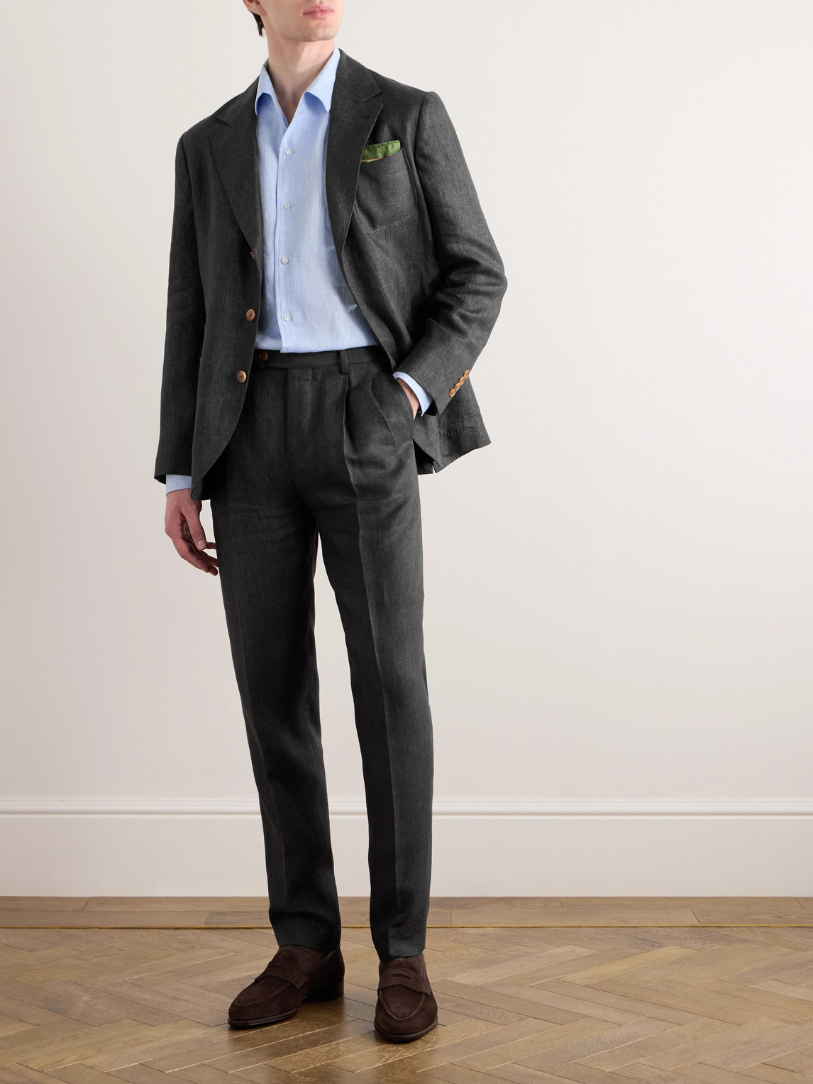 Shop Brunello Cucinelli Straight-leg Pleated Linen Suit Trousers In Gray