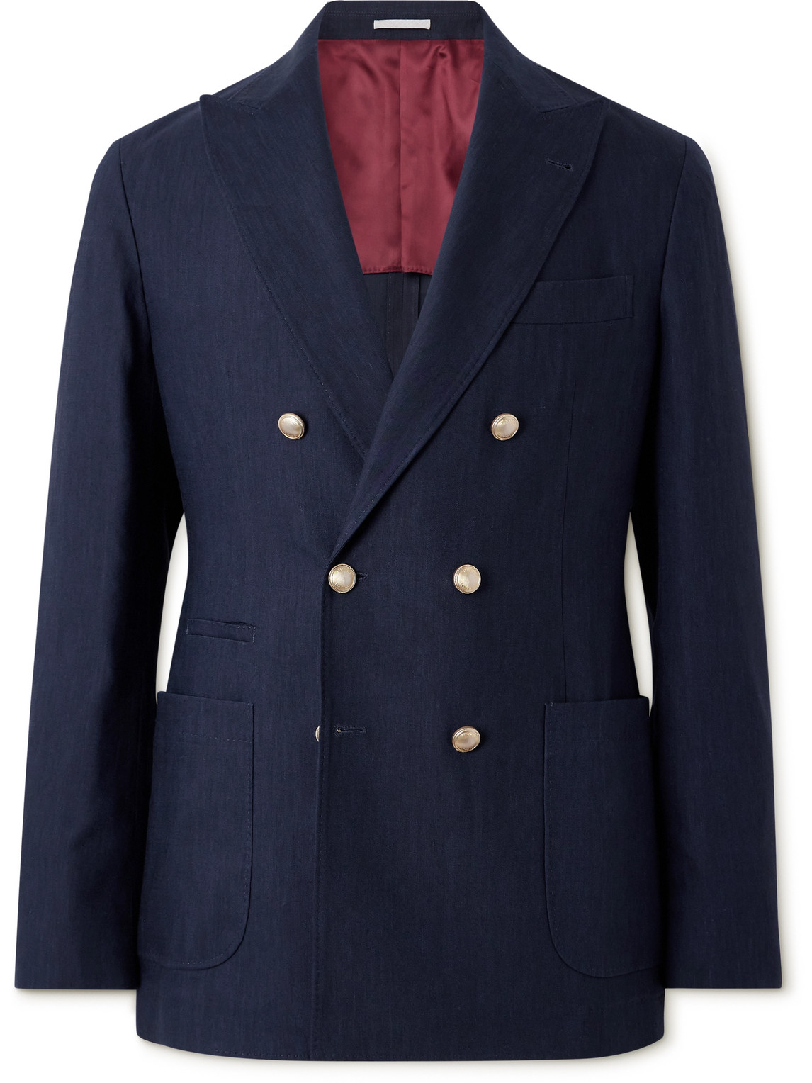 Shop Brunello Cucinelli Double-breasted Linen And Wool-blend Blazer In Blue