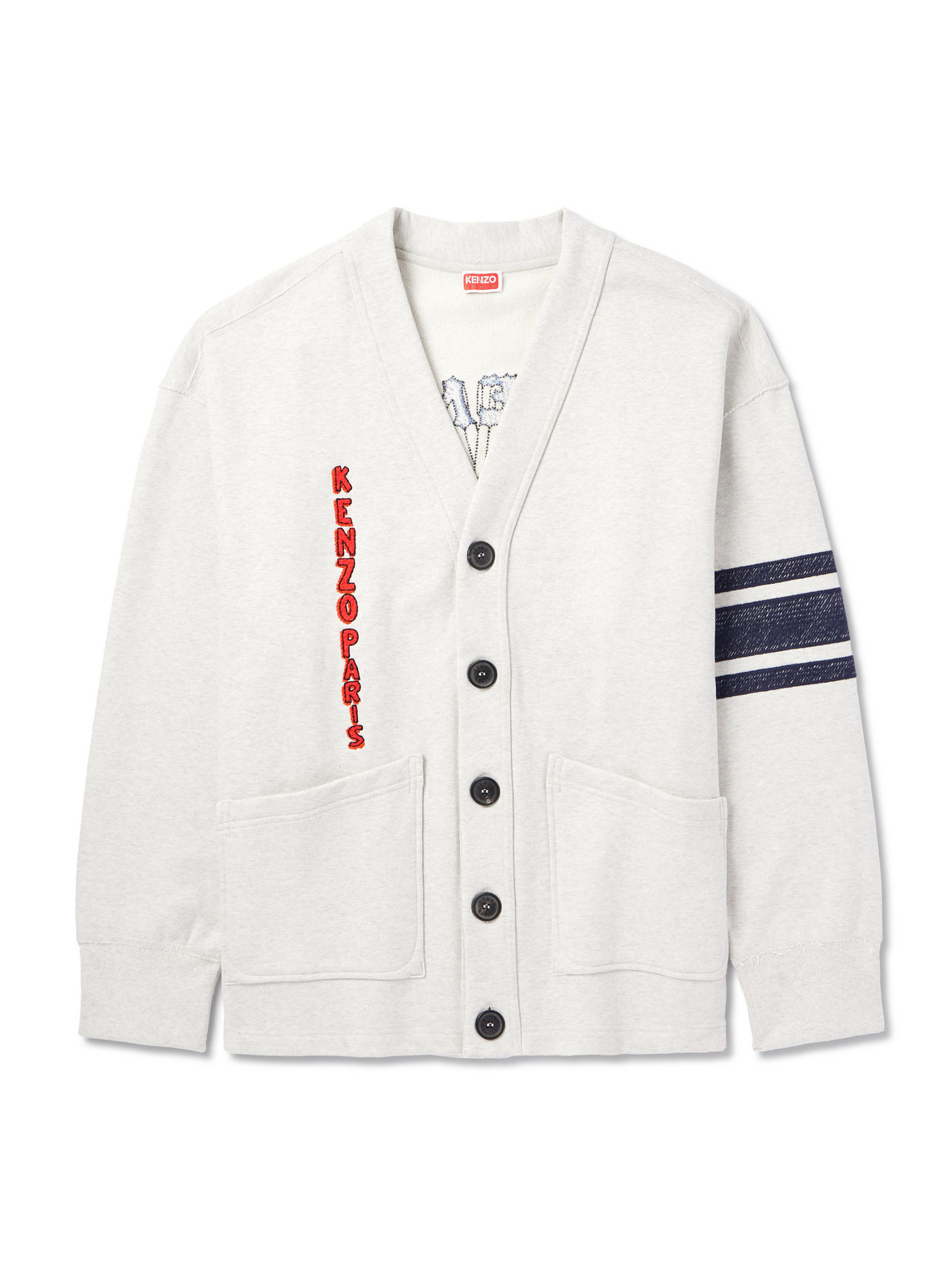 Kenzo Embroidered Striped Cotton-blend Jersey Cardigan In Neutrals