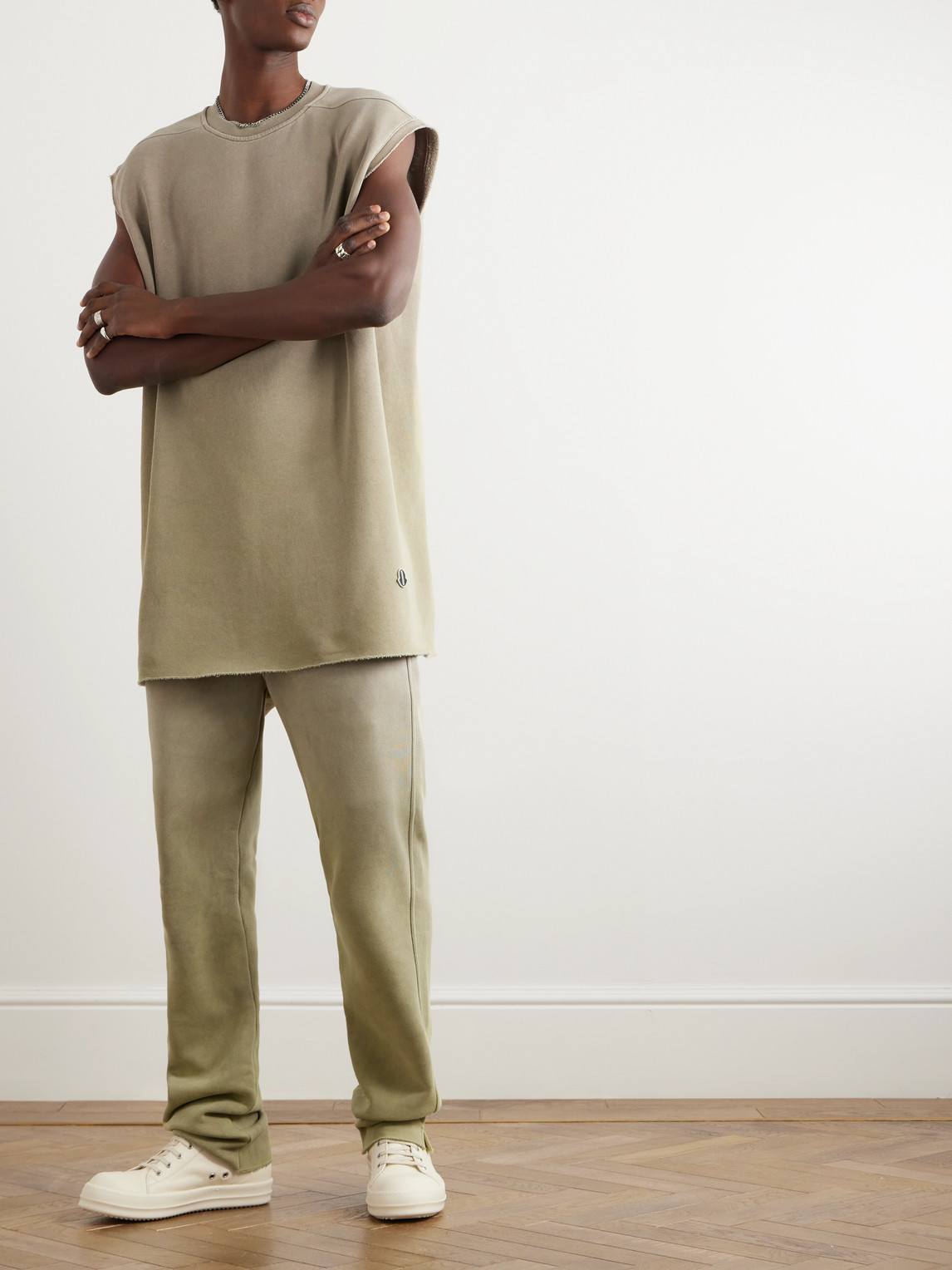 Shop Rick Owens Moncler Tarp Logo-appliquéd Distressed Cotton-blend Jersey Sleeveless Sweatshirt In Brown