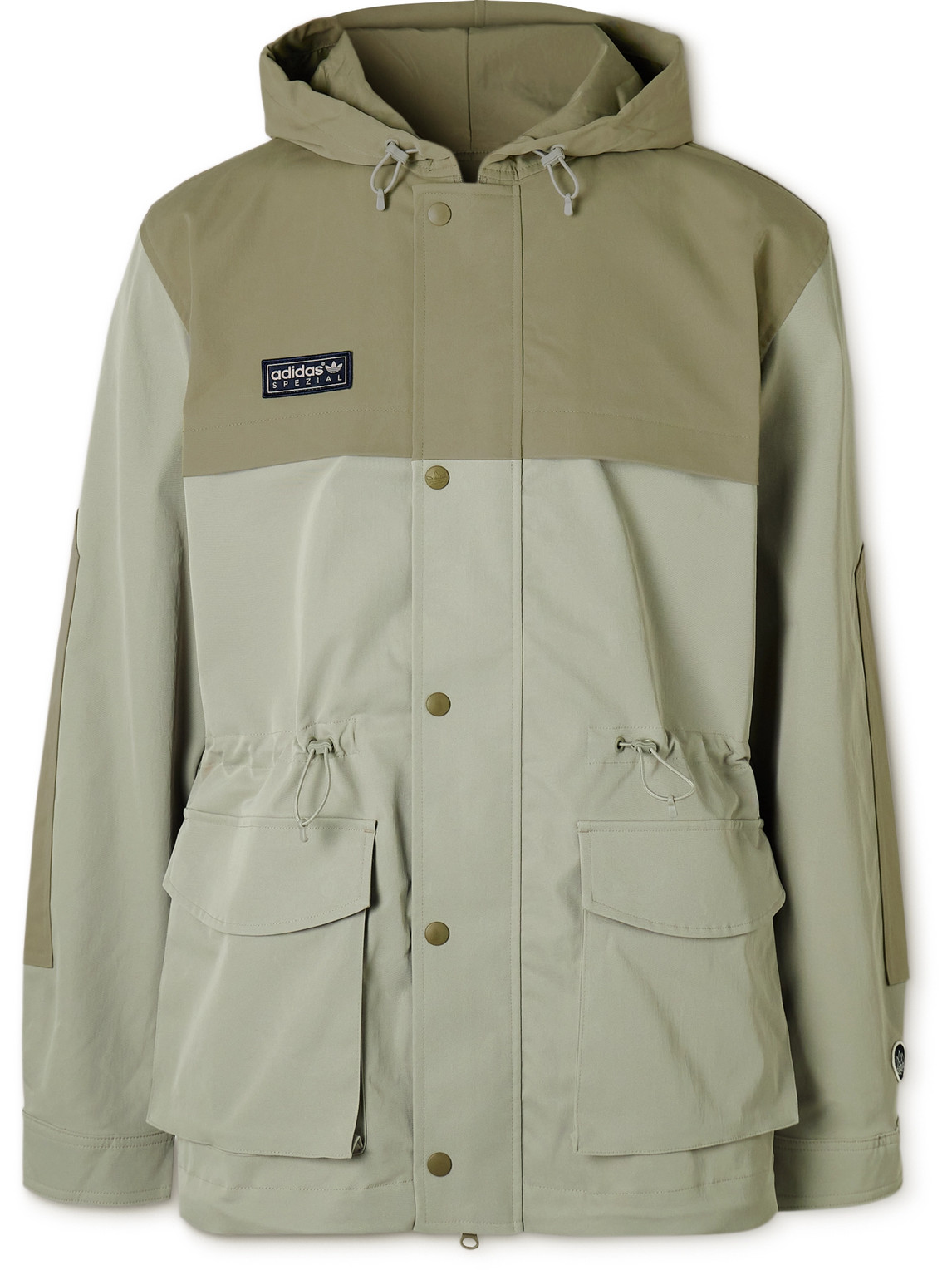 Adidas Consortium Moorfield Appliquéd Two-tone Panelled Recycled-shell Hooded Jacket In Green