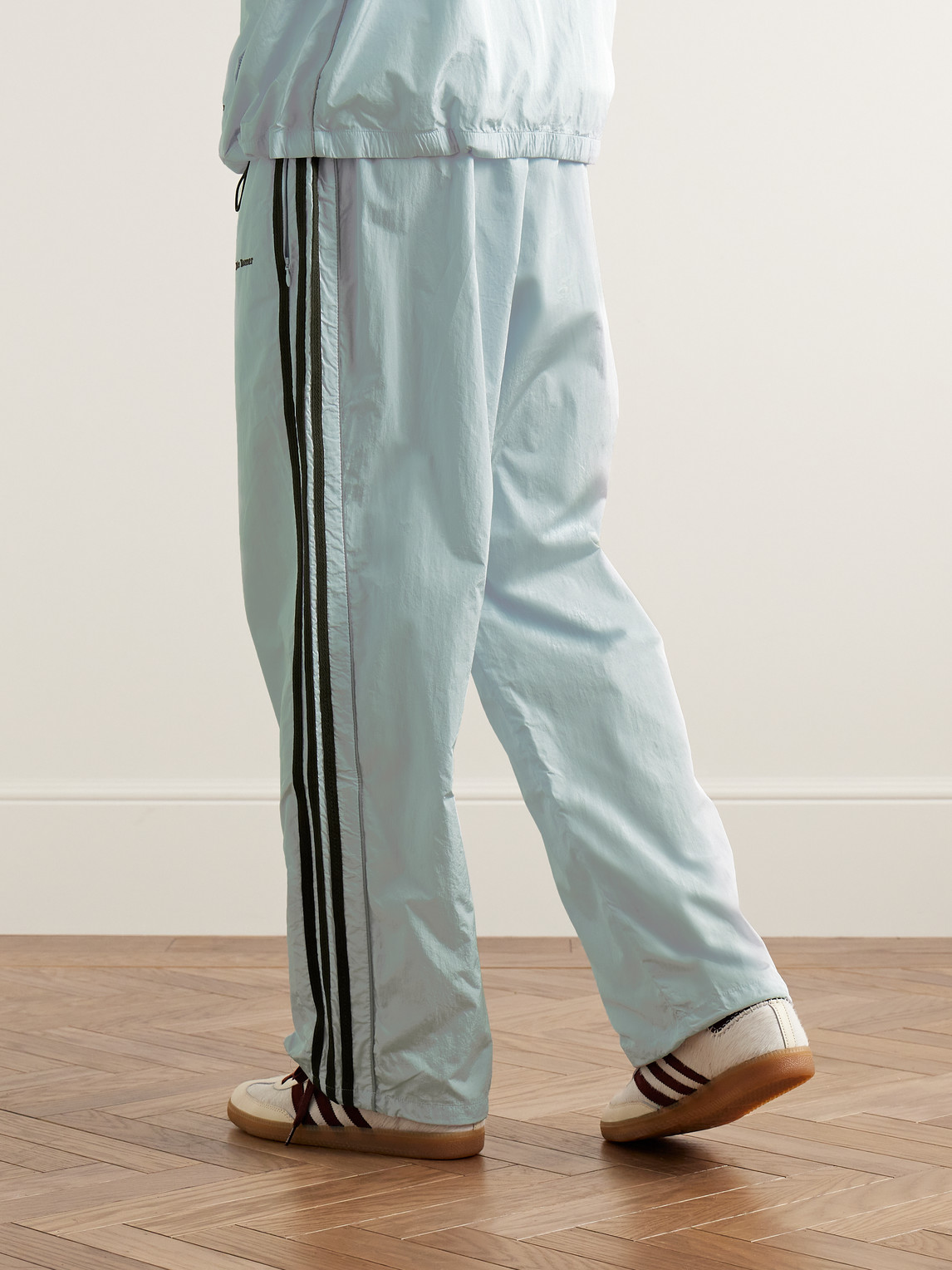 Shop Adidas Consortium Wales Bonner Striped Crochet-trimmed Recycled-shell Track Pants In Blue