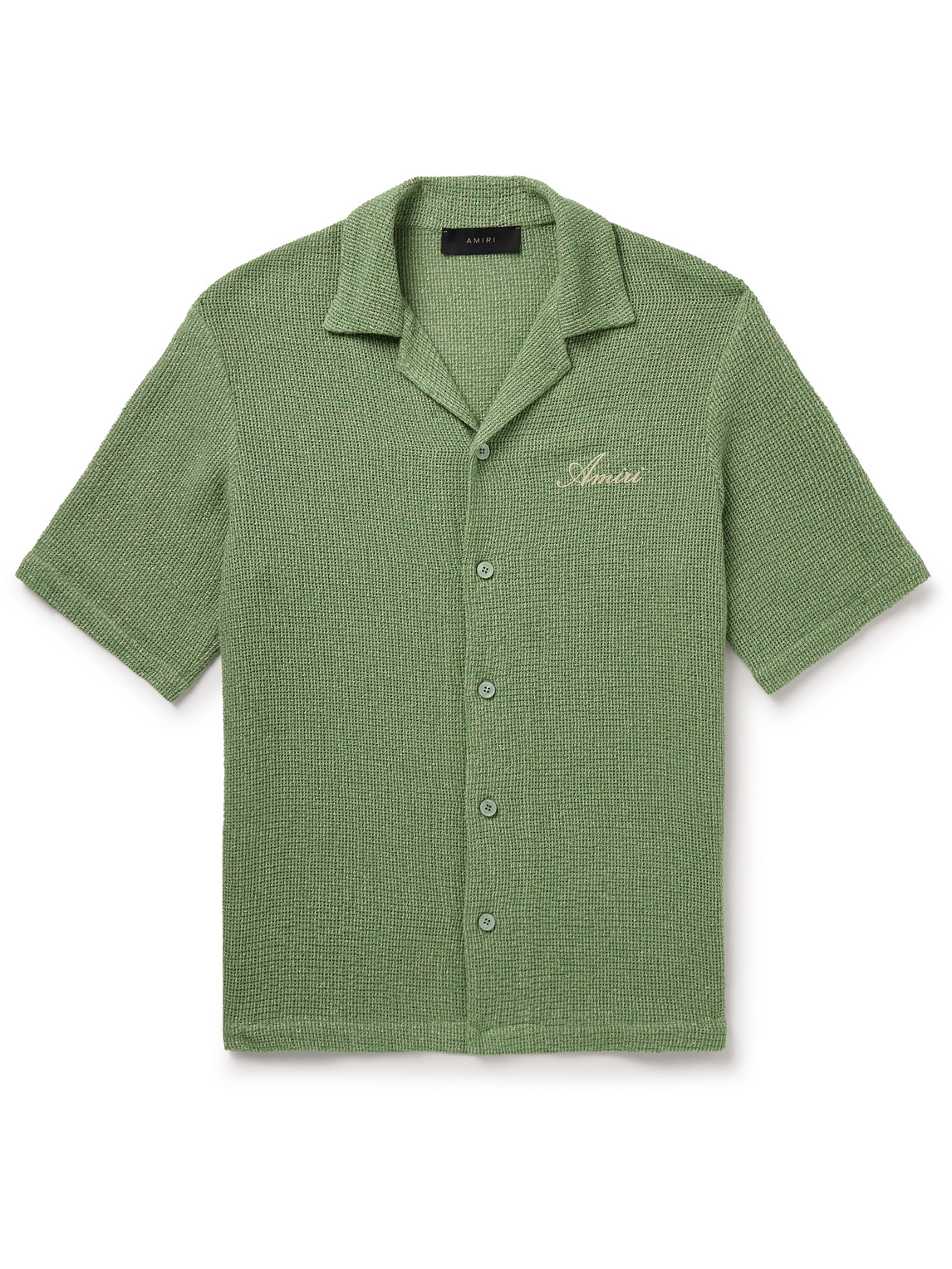 Amiri Camp-collar Logo-embroidered Metallic Cotton-blend Shirt In Green