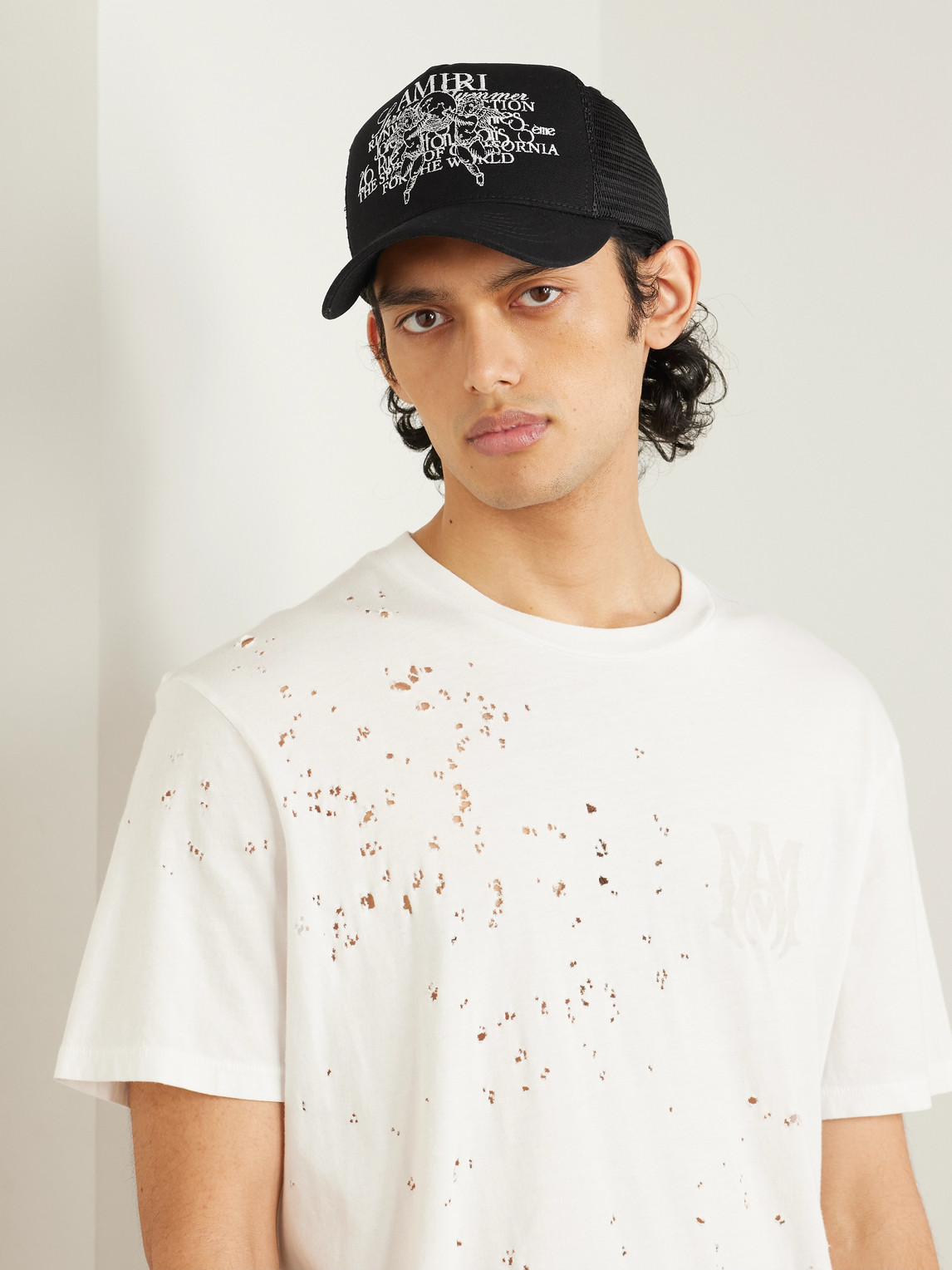 Shop Amiri Cherub Cotton-canvas And Mesh Trucker Hat In Black