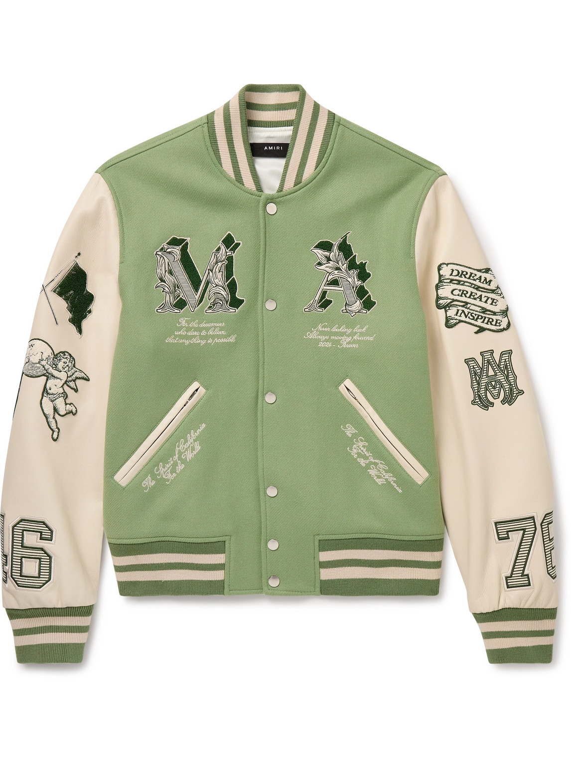 AMIRI MA ANGEL EMBELLISHED MELTON WOOL-BLEND TWILL AND LEATHER VARSITY JACKET