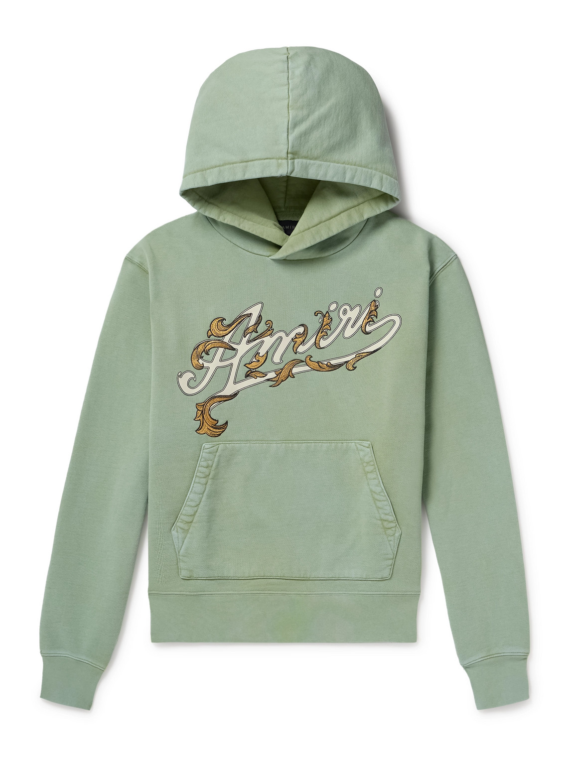 Shop Amiri Filigree Logo-embroidered Cotton-jersey Hoodie In Green