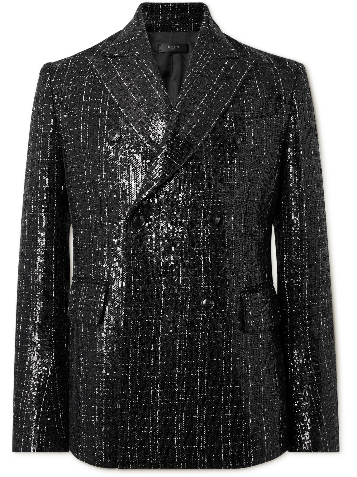 AMIRI DOUBLE-BREASTED CHECKED SEQUINNED BOUCLÉ BLAZER