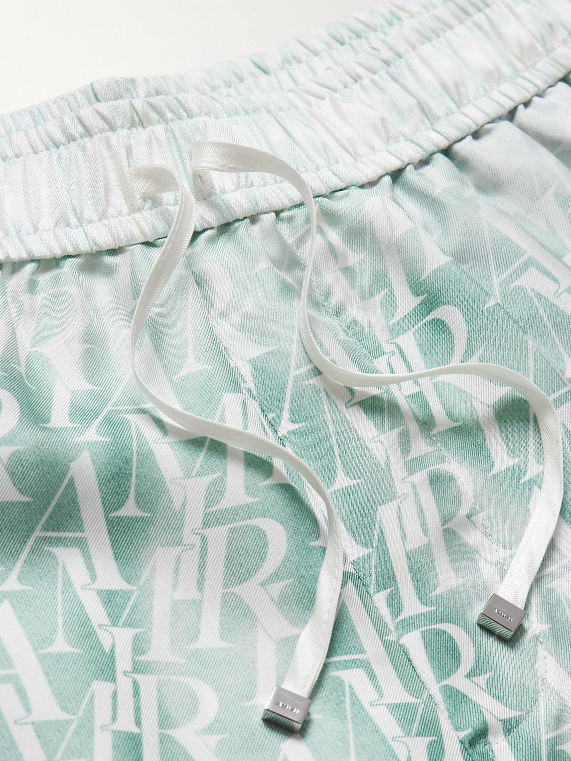 Shop Amiri Straight-leg Logo-print Silk-twill Drawstring Shorts In Green