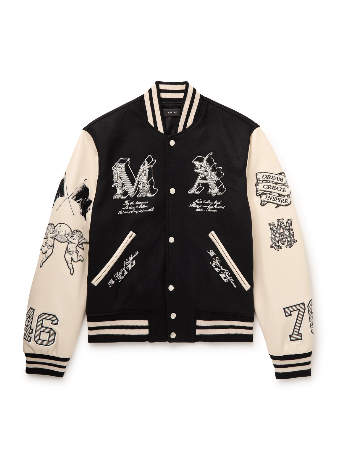 MA Angel Embellished Melton Wool-Blend Twill and Leather Varsity Jacket