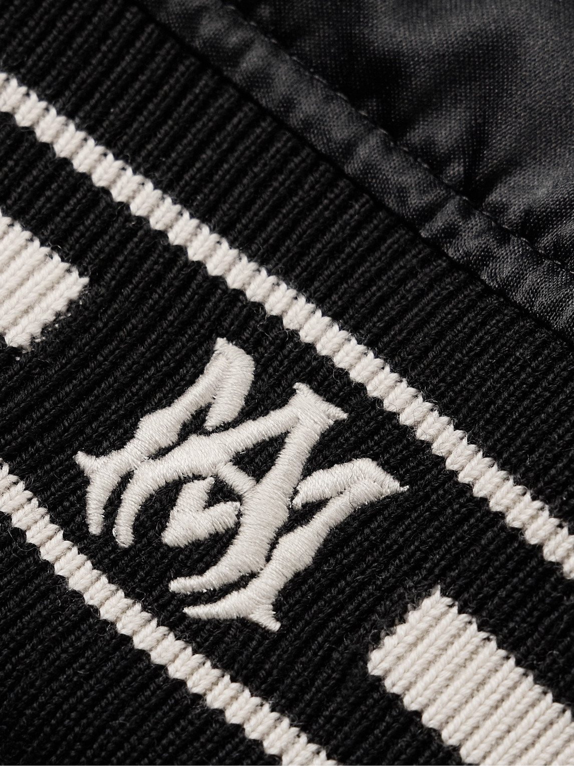 Shop Amiri Logo-appliquéd Leather-trimmed Satin Bomber Jacket In Black