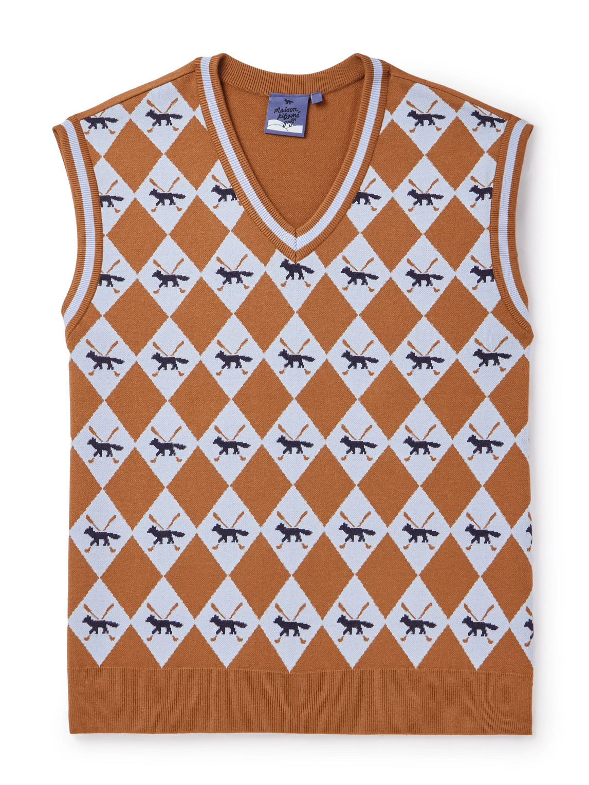 Maison Kitsuné Profile Fox Argyle Jacquard-knit Golf Sweater Vest In Orange
