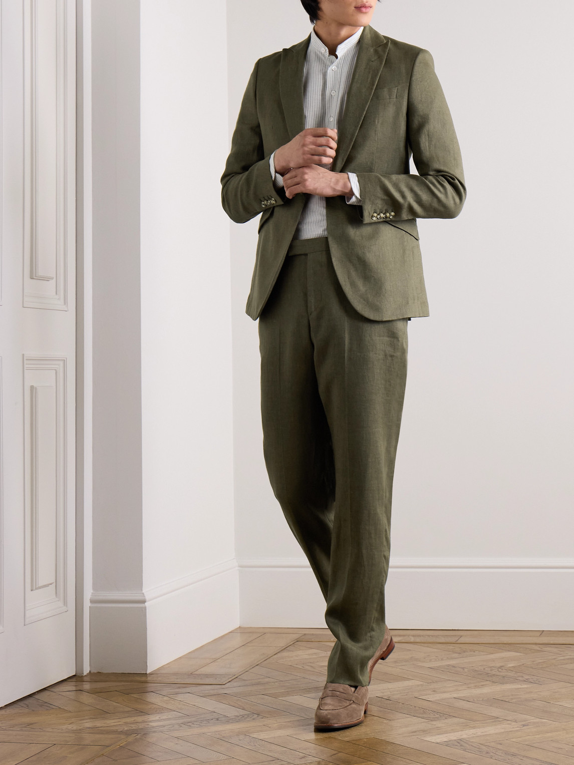 Shop Favourbrook Allercombe Slim-fit Straight-leg Linen Suit Trousers In Green