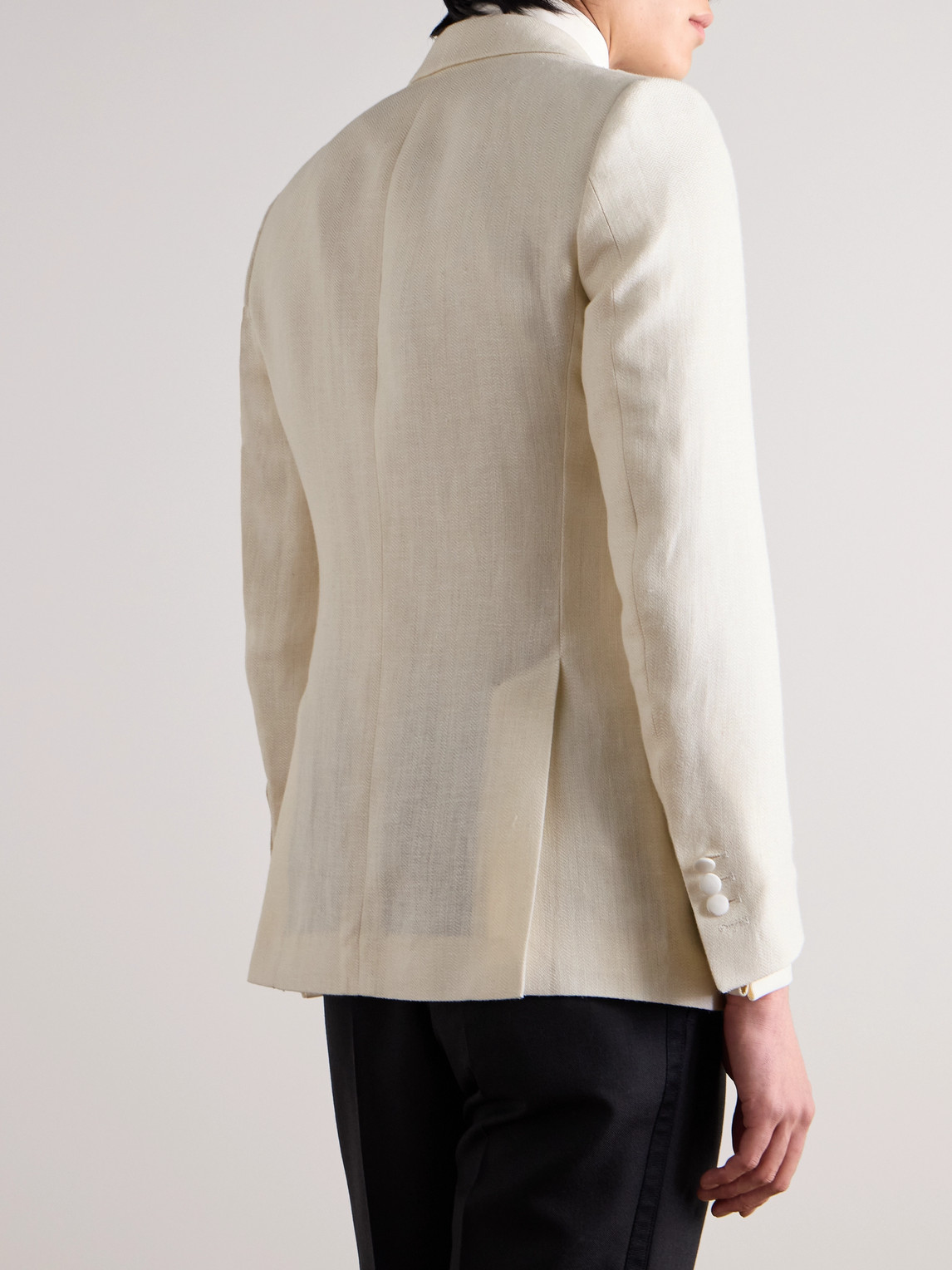 Shop Favourbrook Grosgrain-trimmed Herringbone Linen And Silk-blend Tuxedo Jacket In Neutrals