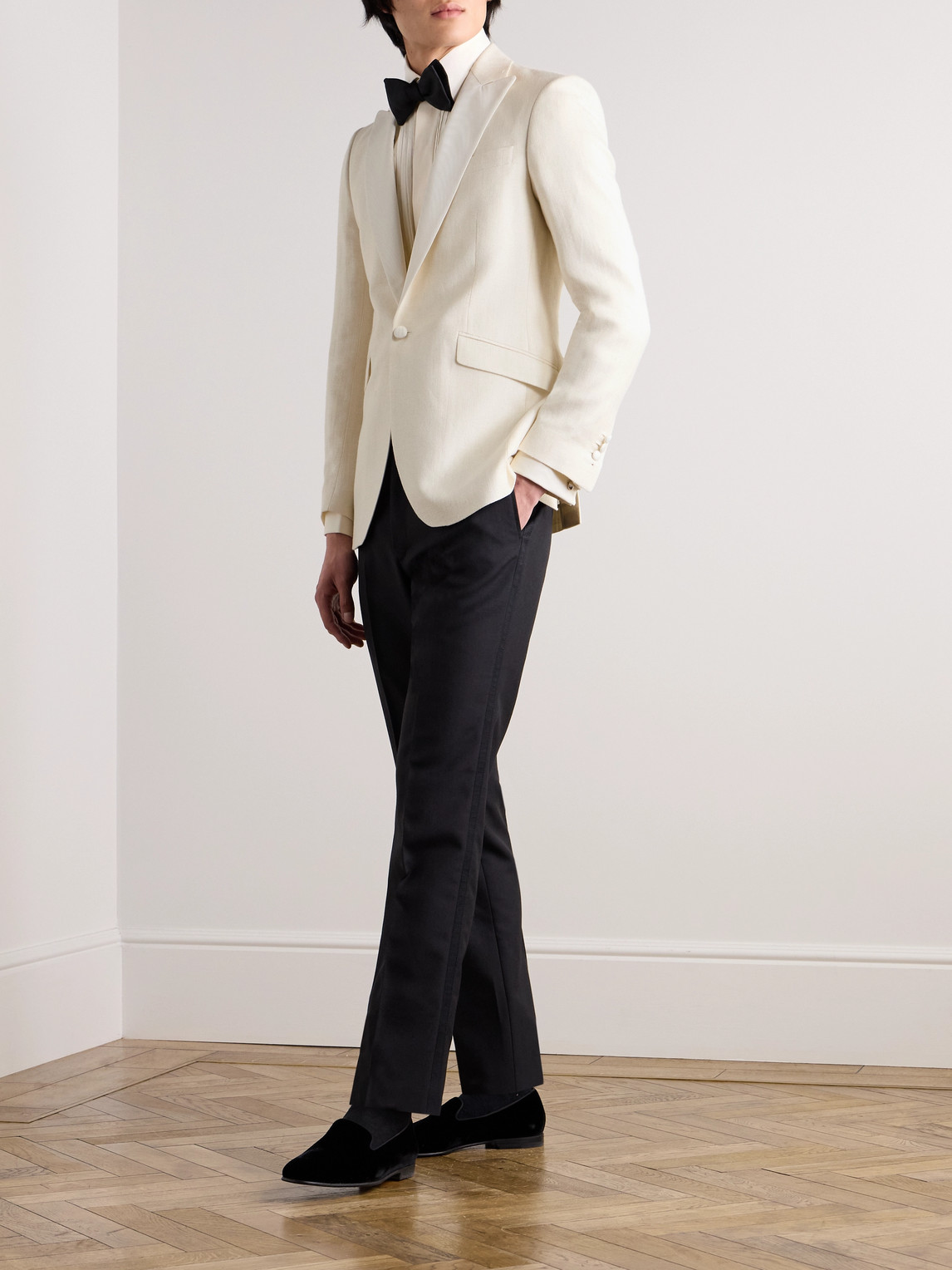 Shop Favourbrook Grosgrain-trimmed Herringbone Linen And Silk-blend Tuxedo Jacket In Neutrals