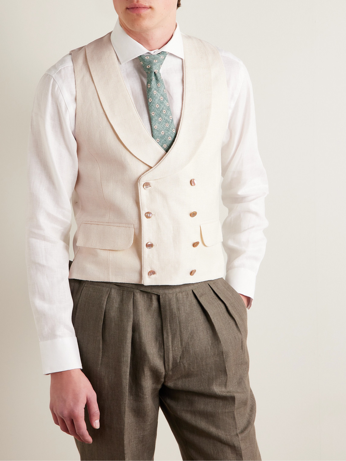 Shop Favourbrook Slim-fit Shawl-collar Double-breasted Herringbone Linen-blend And Satin Waistcoat In Neutrals