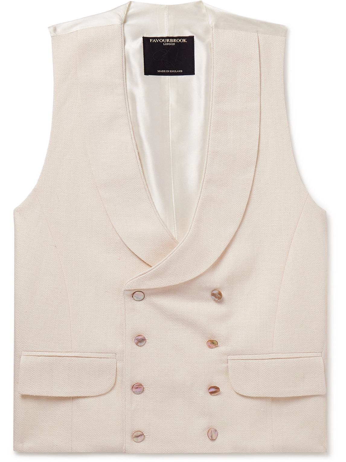 Favourbrook Slim-fit Shawl-collar Double-breasted Herringbone Linen-blend And Satin Waistcoat In Neutrals