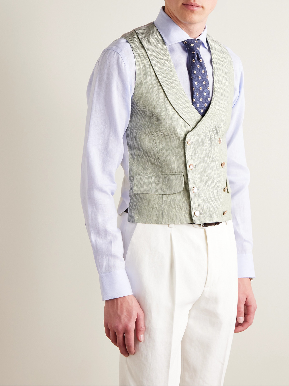 Shop Favourbrook Shawl-collar Double-breasted Herringbone Linen And Silk-blend And Satin Waistcoat In Green