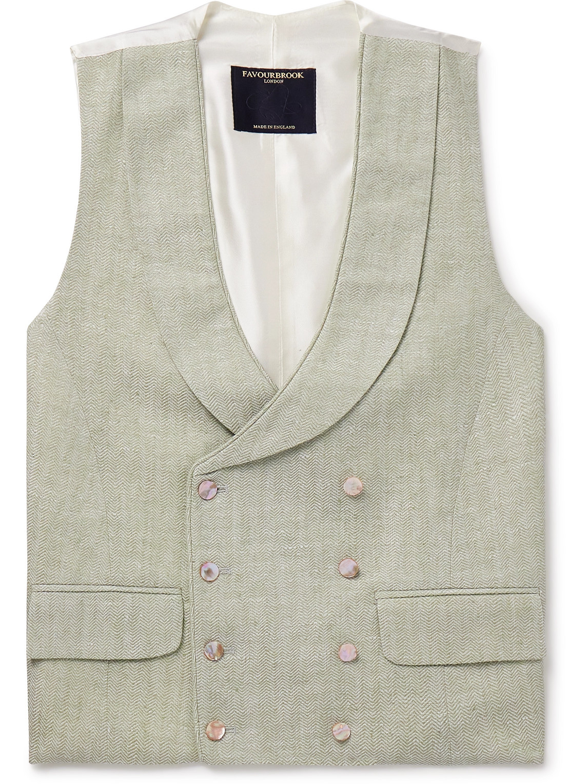 Favourbrook Shawl-collar Double-breasted Herringbone Linen And Silk-blend And Satin Waistcoat In Green