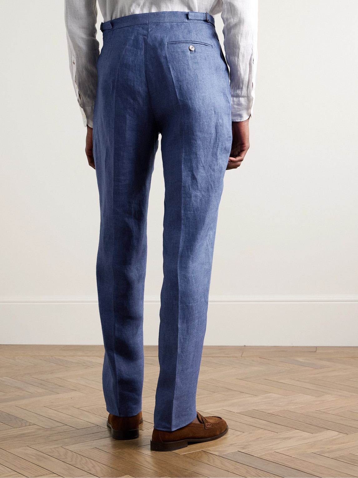 Shop Favourbrook Windsor Slim-fit Straight-leg Linen-twill Suit Trousers In Blue