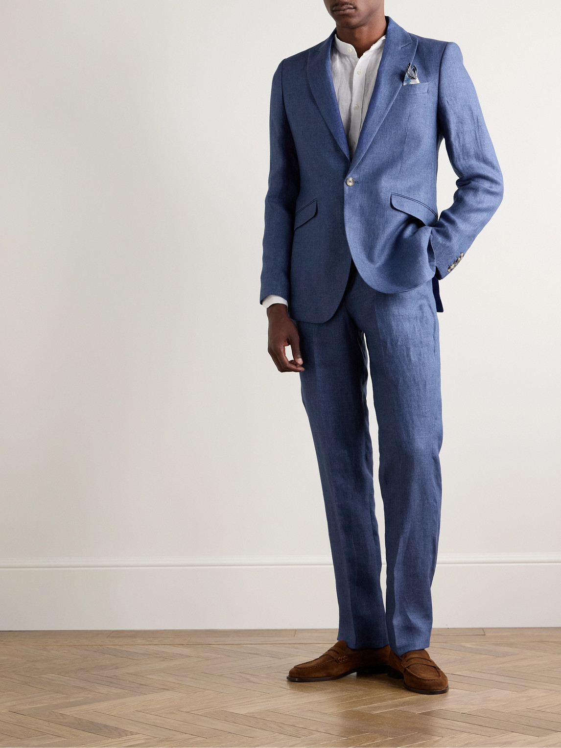 Shop Favourbrook Windsor Slim-fit Straight-leg Linen-twill Suit Trousers In Blue